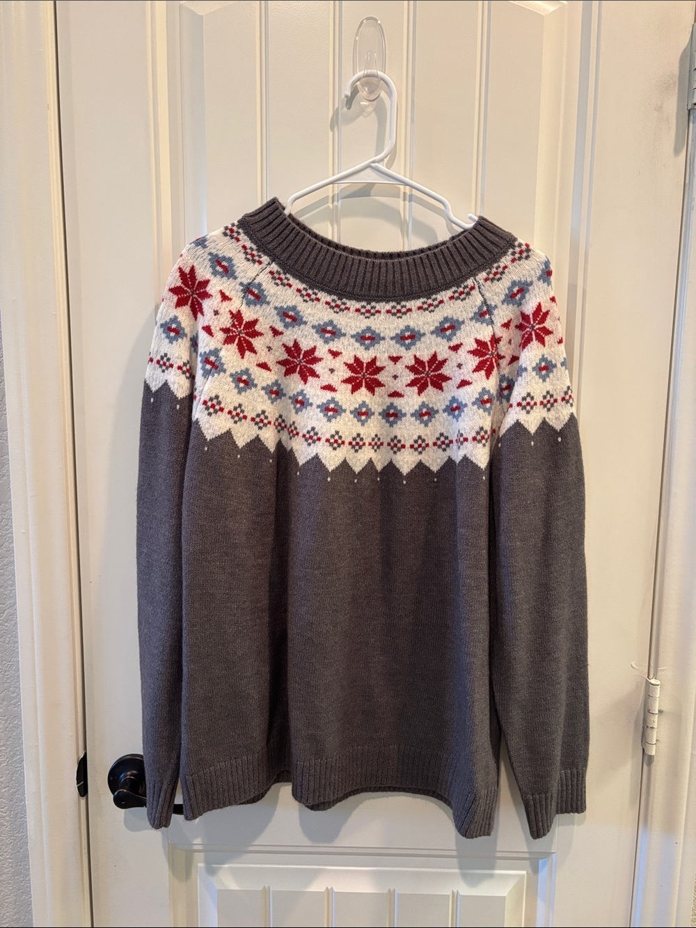 Maurices Gray Crewneck Sweater with Red & Blue Fair Isle Yoke